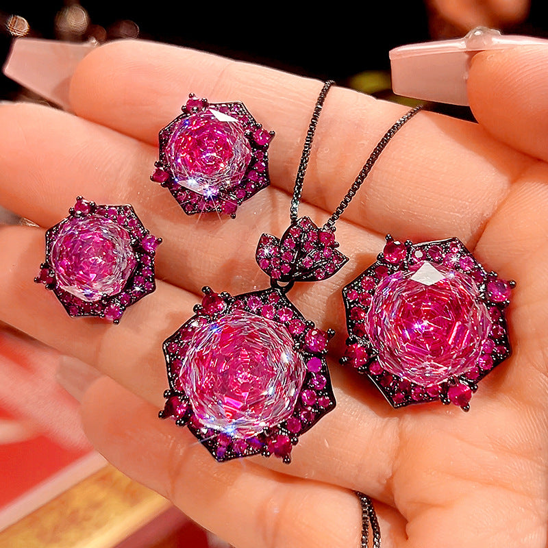 Rose Crystal Green Pink Black Pendant Earring Ring Set For Women Bulk