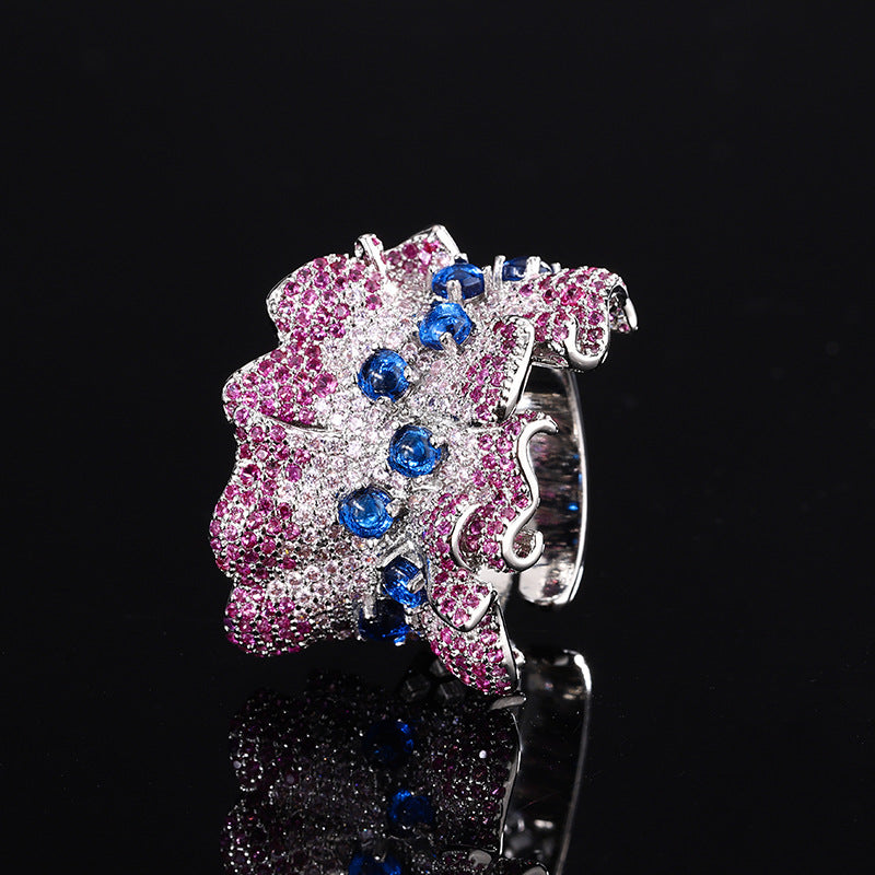 Inlaid CZ Silver Green Pink Crystal Anti Tarnish Free Size Ring Bulk