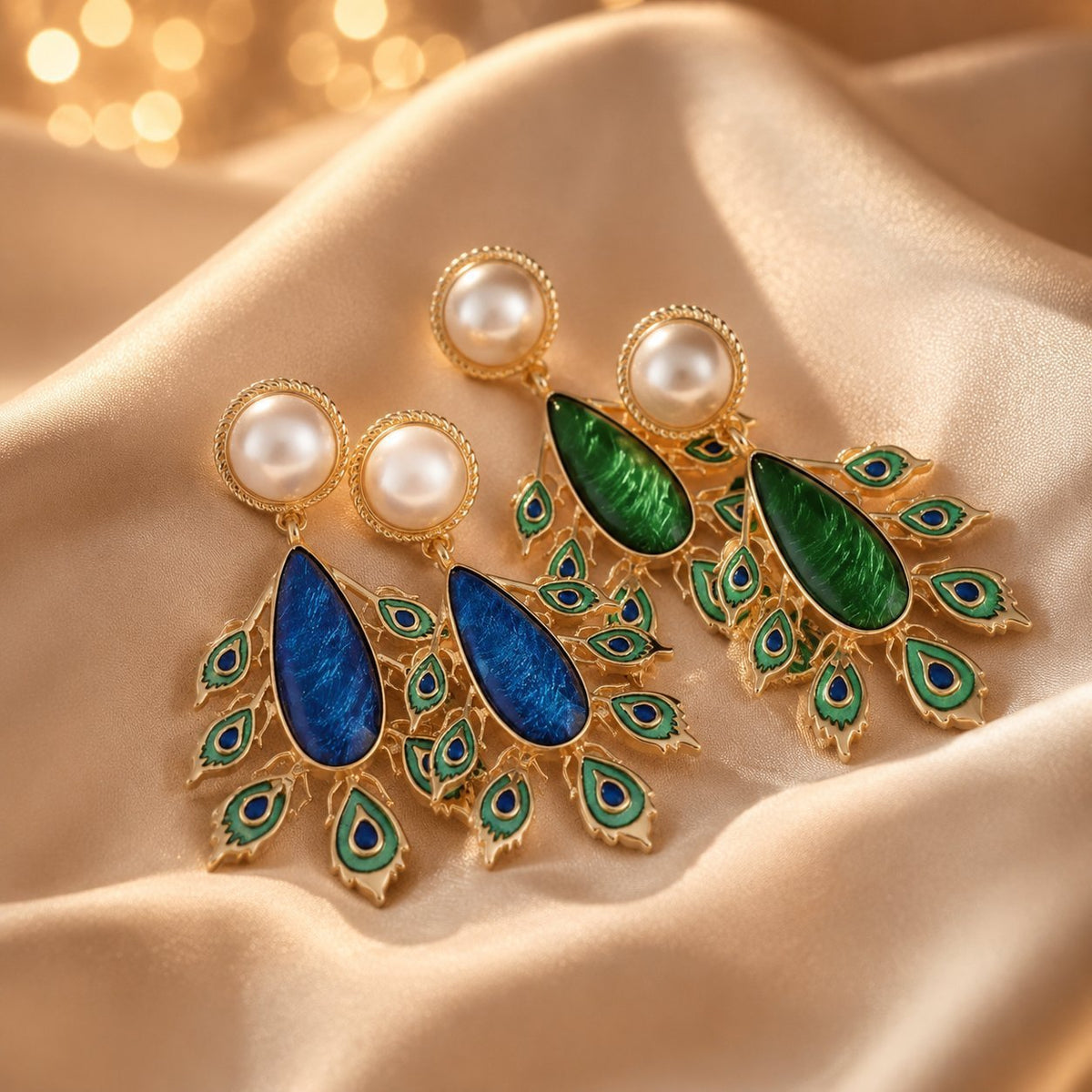 Designer Peacock Gold Blue & Green Enamel Pearl Dangler Earrings Bulk