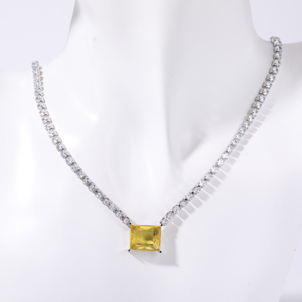 Rectangle Solitaire Silver Yellow Pink Cubic Zirconia Crystal Stainless Steel Anti Tarnish Necklace Chain For Women