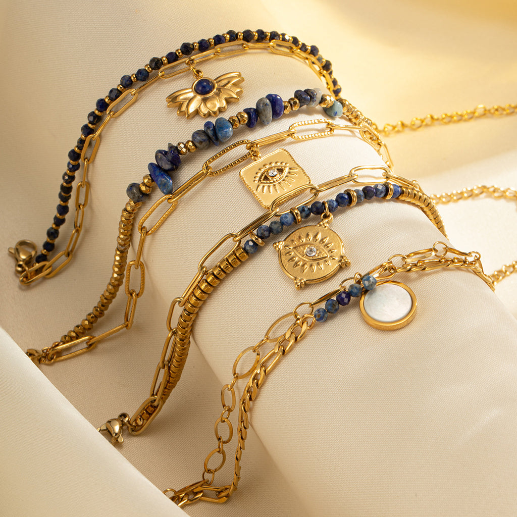 Evil Eye 18K Gold Blue Beads Dual Layer Stainless Steel Anti Tarnish Link Chain Bracelet For Women