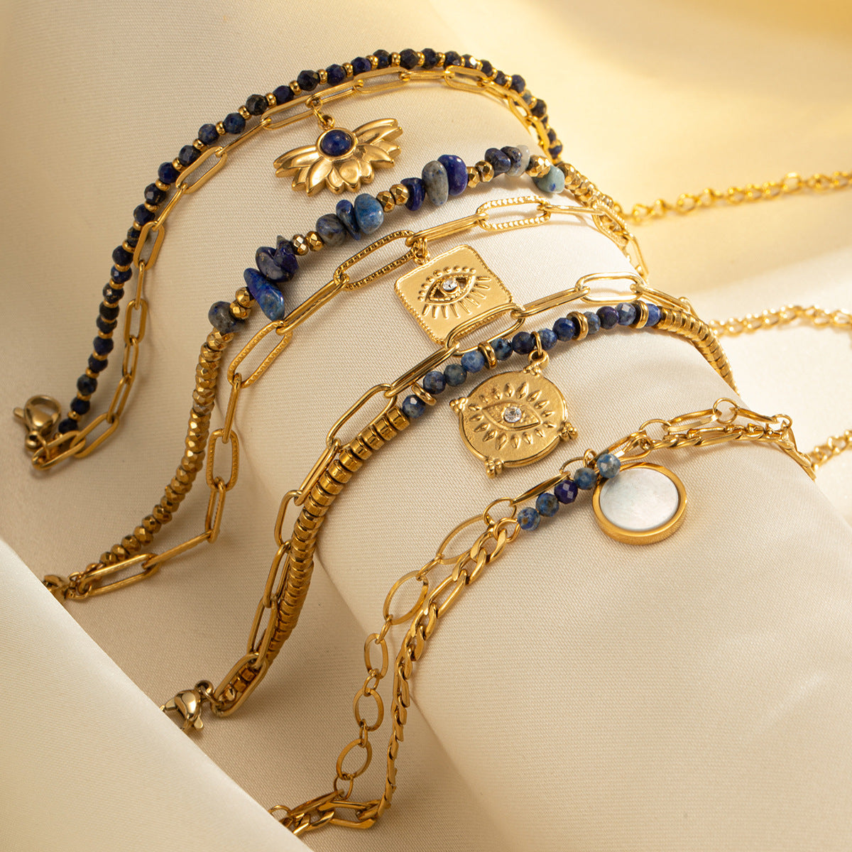 Evil Eye 18K Gold Blue Beads Dual Layer Stainless Steel Anti Tarnish Link Chain Bracelet For Women