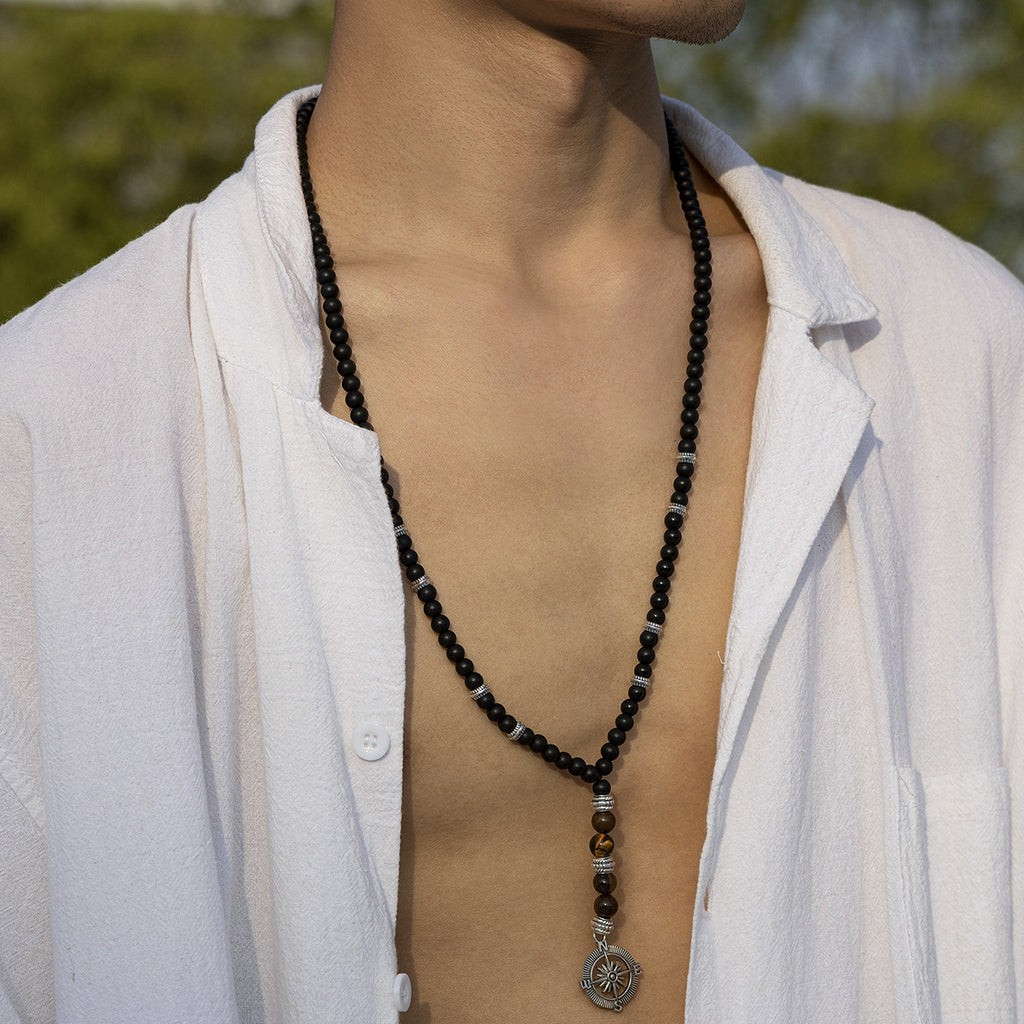 Black Brown Beads Anchor Wheel Silver Long Necklace Chain Men Bulk
