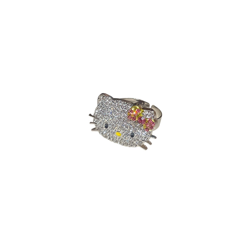 Kitty Cat Face Cubic Zirconia Silver Free Size Ring For Women Bulk