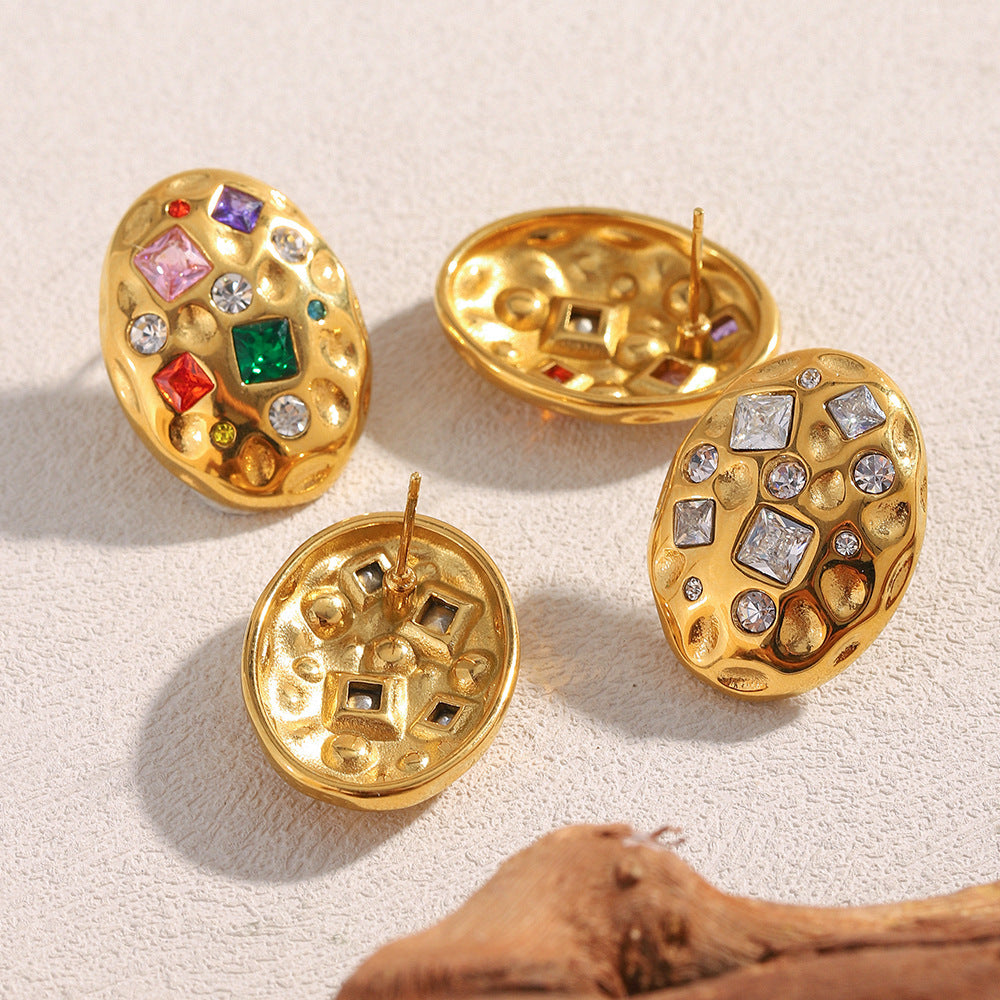 Oval 18K Gold Stainless Steel Cubic Zirconia Stud Earring Women Bulk