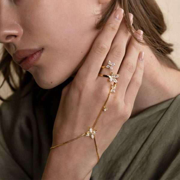 Flower Solitaire Gold Silver Anti Tarnish Box Chain Bracelet Joint Ring For Women Main image