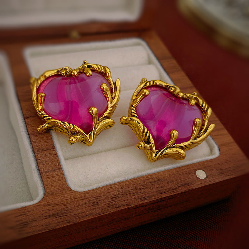 Pink Heart Gold Plated Beads Alloy Stud Earrings For Women Wholesale