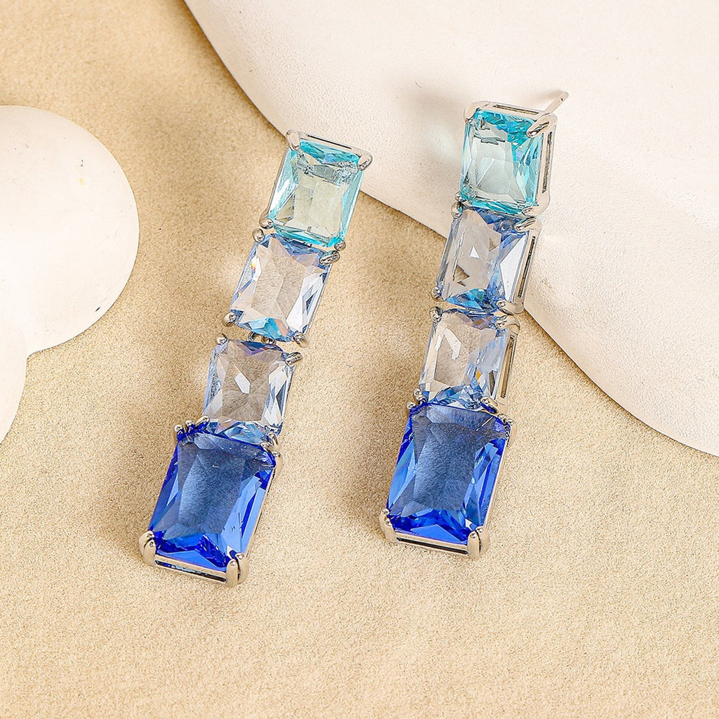 Blue White Rectangular Cut Silver CZ Copper Necklace Earring Set Bulk