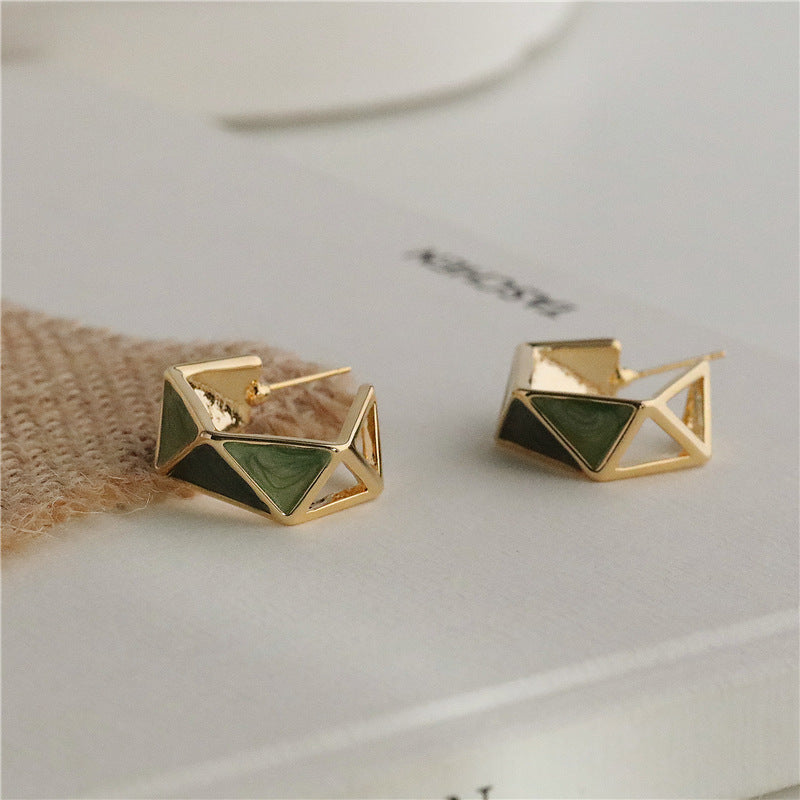 Triangle Enamel 18K Gold Green Brown Anti Tarnish Hoop Earring Bulk