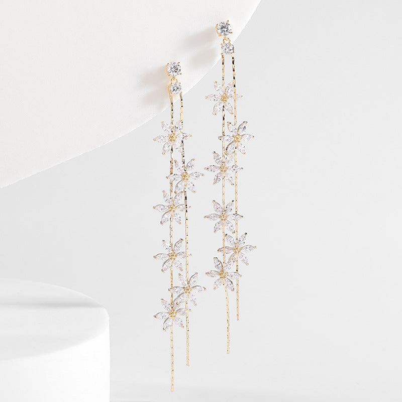 Floral Gold Silver CZ Anti Tarnish Long Dangler Tassel Earrings Bulk