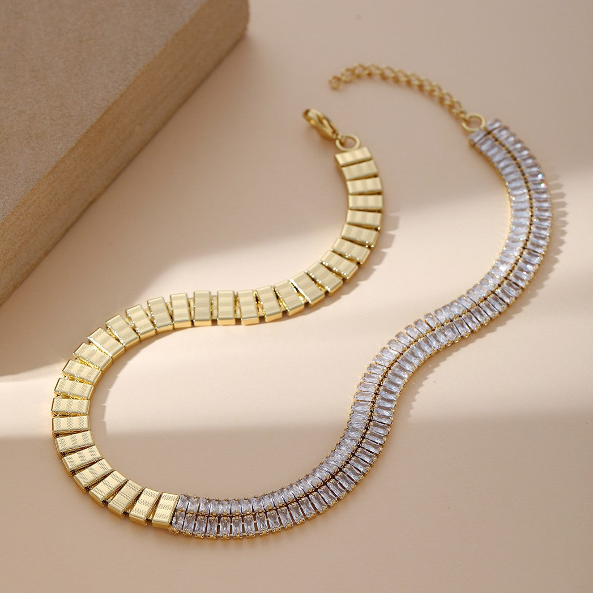 Designer Half Baguette Gold Plated CZ Anti Tarnish Brass Necklace Bulk
