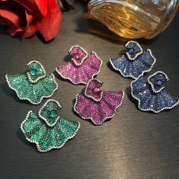 Wave Flower Studded CZ Crystal Green Blue Dangler Earring Bulk Main image