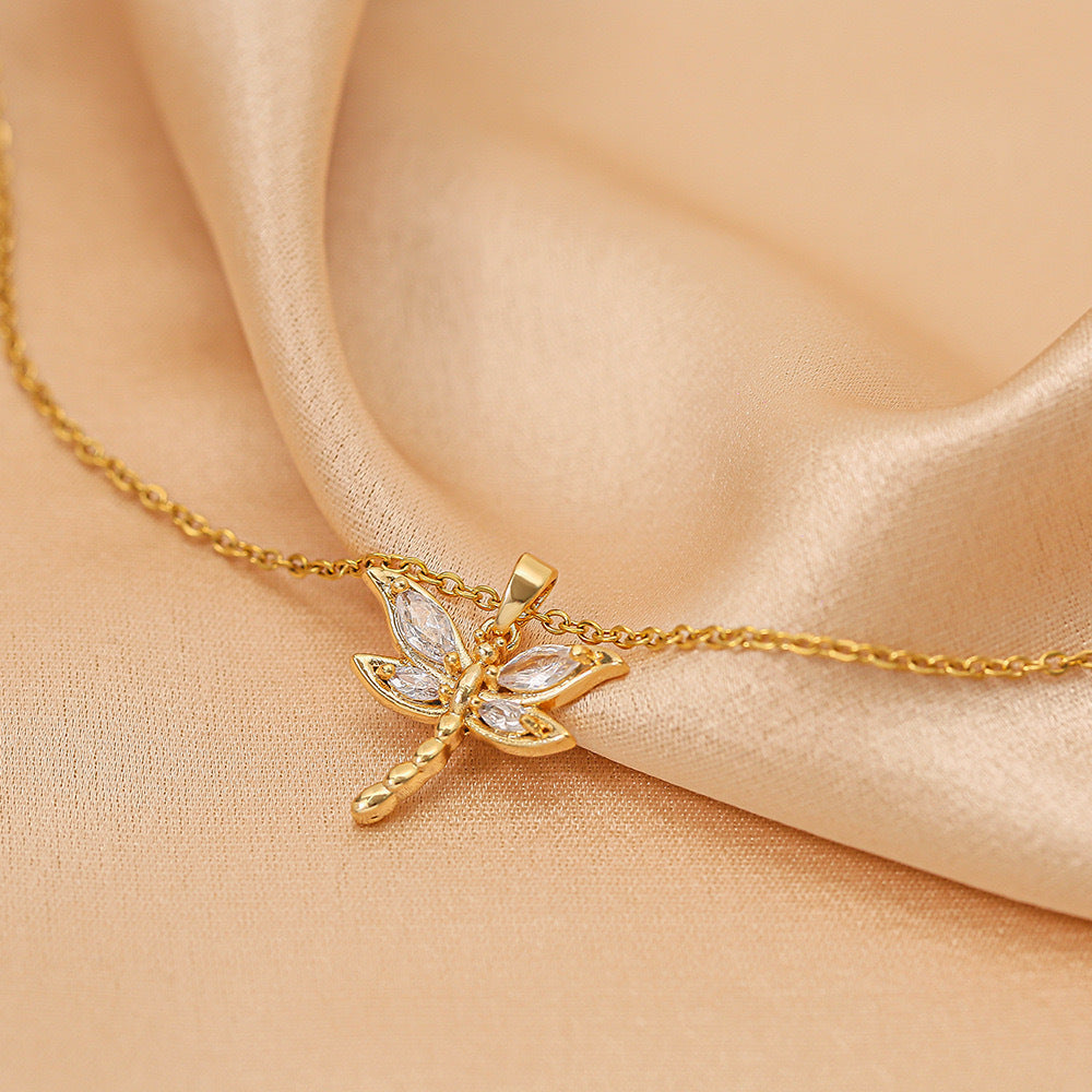 Dragonfly Cubic Zirconia 18K Gold Stainless Steel Anti Tarnish Necklace Pendant Chain For Women Secondary image
