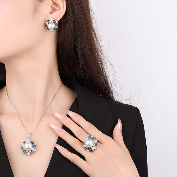 Sunflower Silver Blue White Pearl CZ Crystal Necklace Earring Set Bulk Secondary image