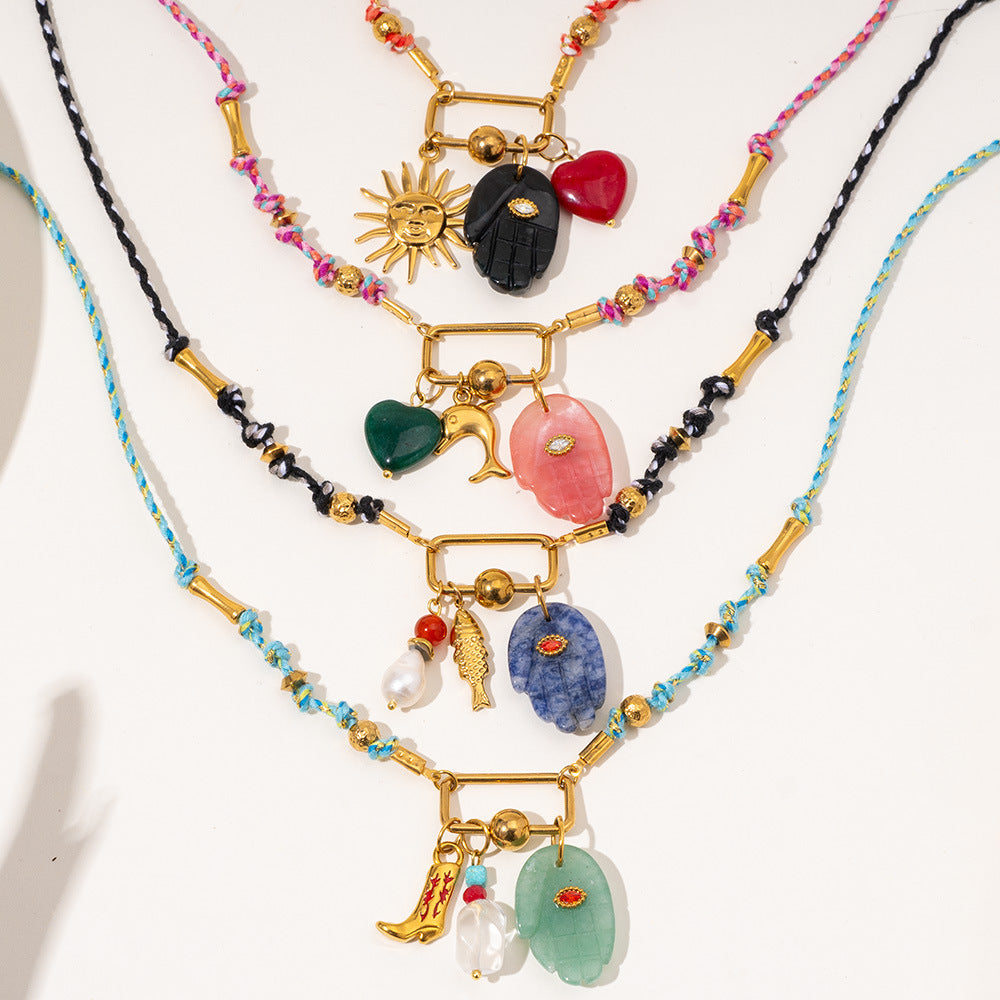 Hamsa Evil Eye Gold Pink Green Blue Black Beads Threads Necklace Bulk Main image
