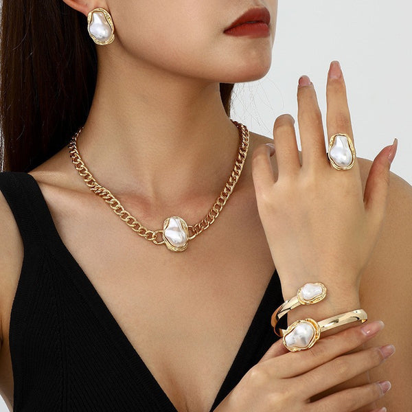 White Elegant Baroque Stone Gold Plated Pearl Necklace Combo Set Bulk Main image