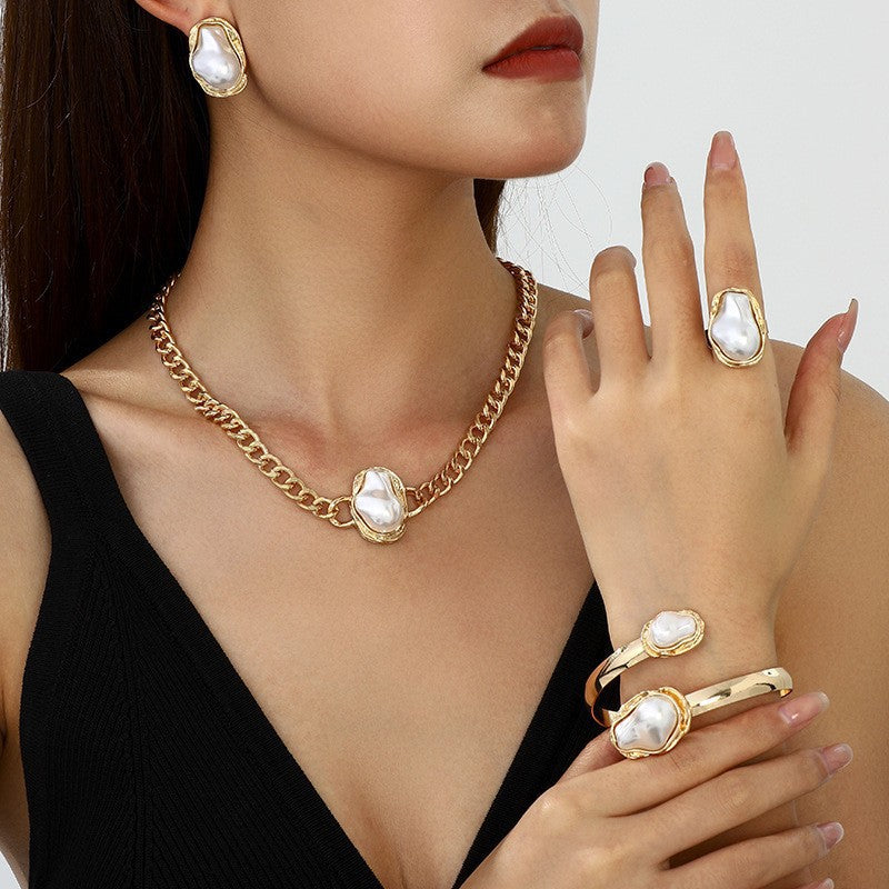 White Elegant Baroque Stone Gold Plated Pearl Necklace Combo Set Bulk