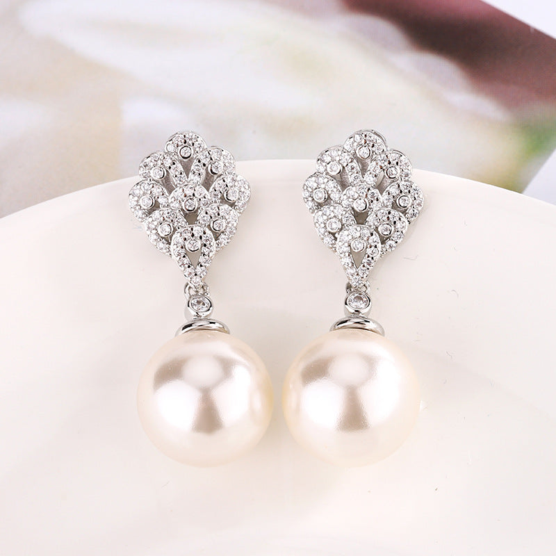 White Gray Elegant Leaf Silver CZ Pearl Copper Necklace Earring Set Bulk