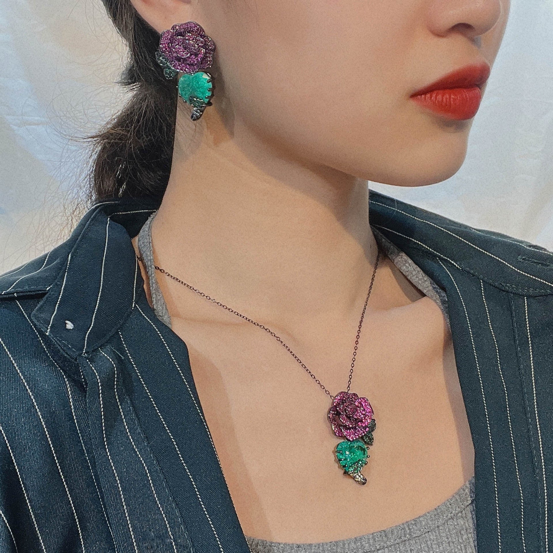 Flower Purple Green Black Anti Tarnish Necklace Chain Earring Set Bulk Main image