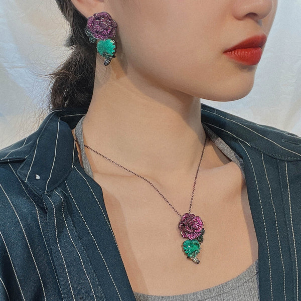 Flower Purple Green Black Anti Tarnish Necklace Chain Earring Set Bulk Main image
