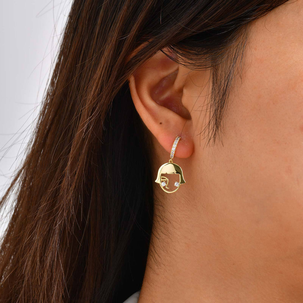 Wholesale Modern Face Art Gold Plated CZ Stainless Steel Drop Earrings