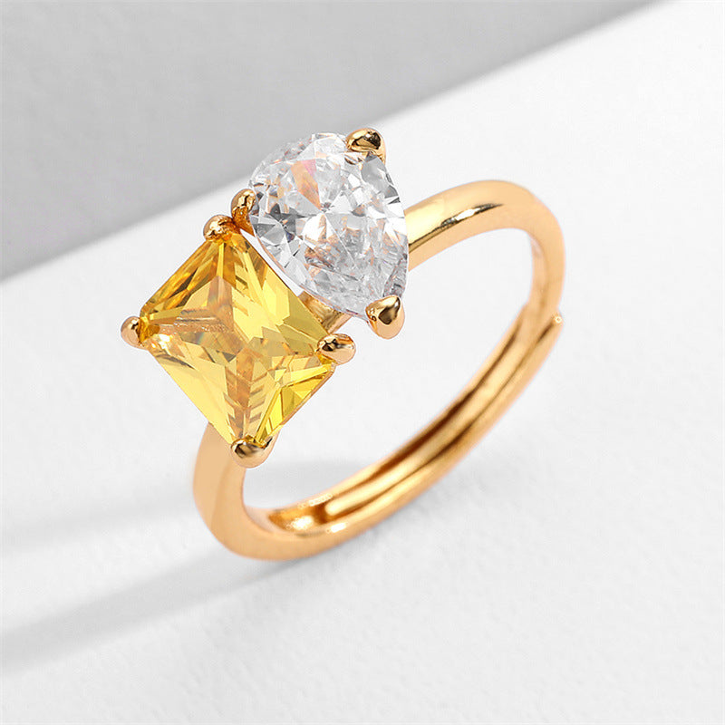 Drop Square Solitaire Yellow 18K Gold Anti Tarnish Free Size Ring Bulk