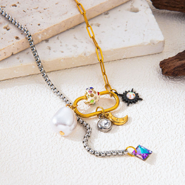 Star Moon Two Tone 18K Gold Silver Black Crystal Charm Stainless Steel Anti Tarnish Necklace Chain For Women Main image
