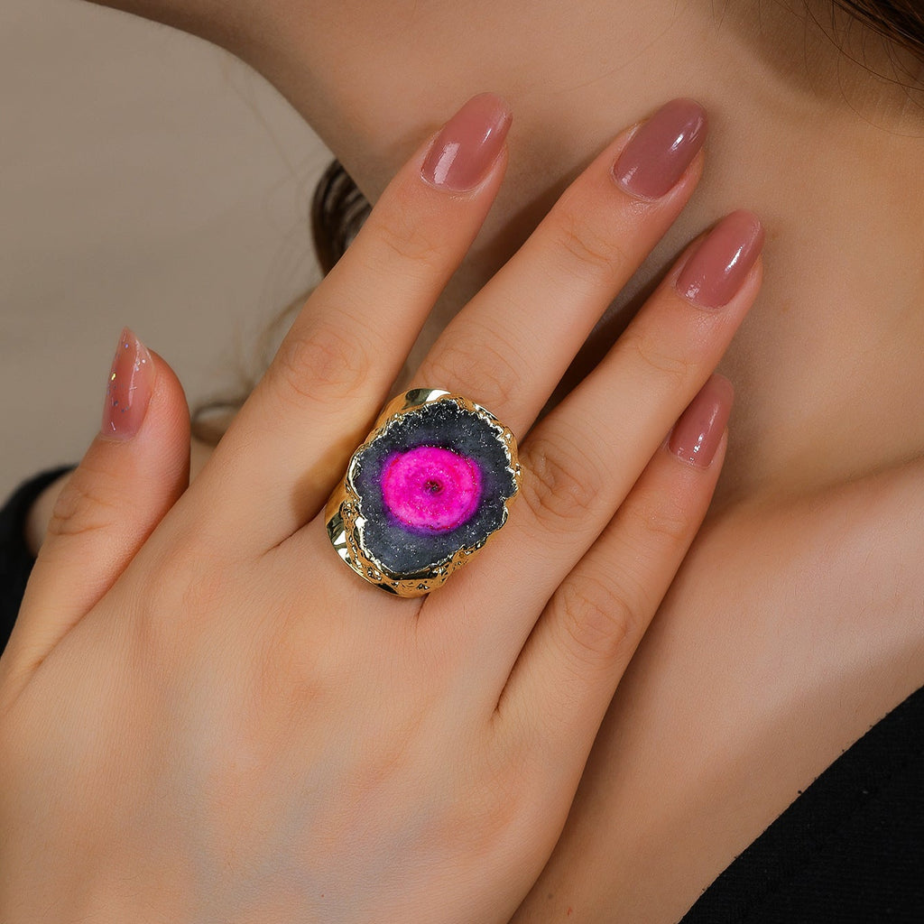 Black Pink Gemstone Crystal 18K Gold Adjustable Ring For Women Bulk