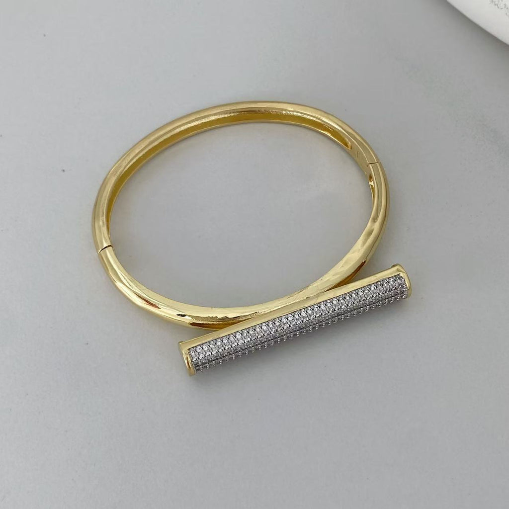 Designer Gold Plated CZ T-Bar Open Cuff Copper Bracelet For Women Bulk