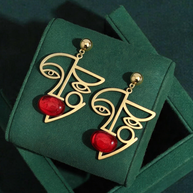 Red Abstract face Gold Plated Dangler Earrings For Women Bulk