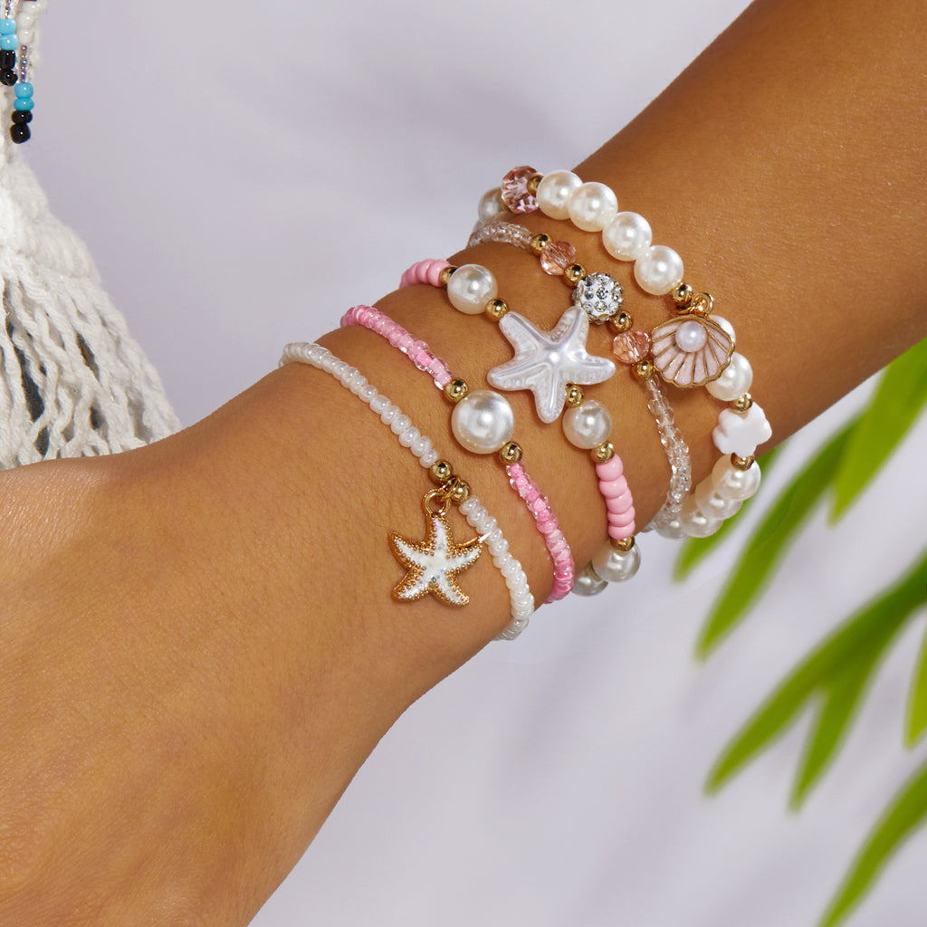 Pink Crystal Starfish Charm Layered Gold Pearl Beads Alloy Bracelet Bulk
