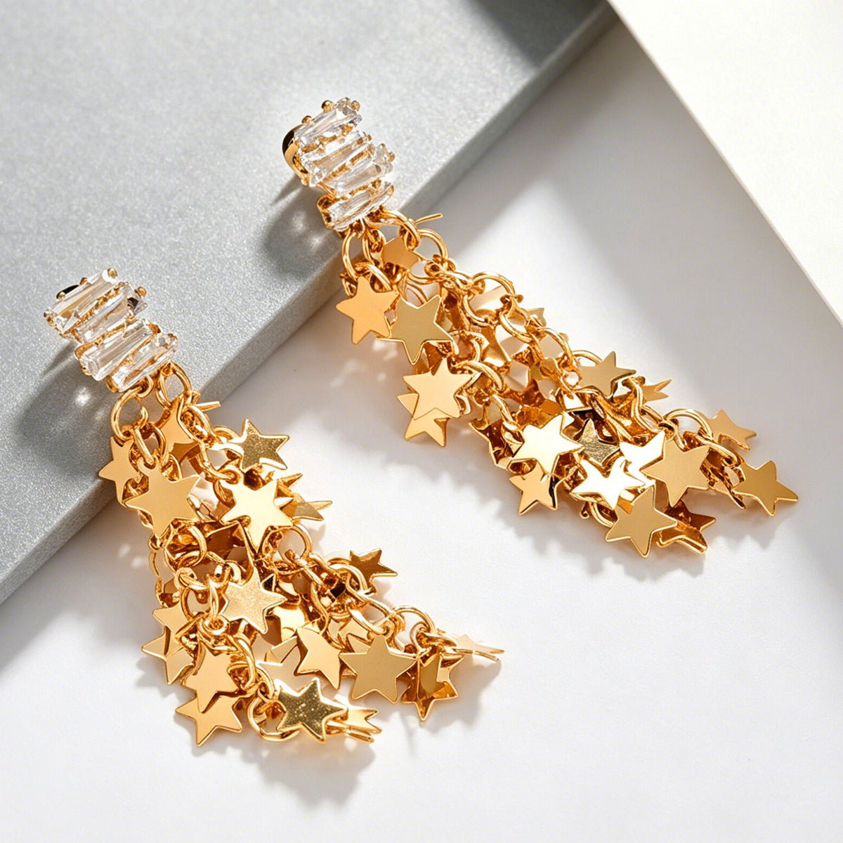 Gold Silver Star Cubic Zirconia Copper Dangler Earrings For Women Bulk Secondary image