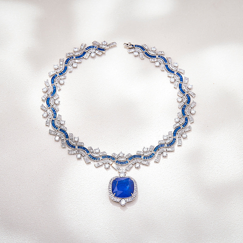 Designer Royal Blue Wave Silver CZ Anti Tarnish Copper Necklace Bulk