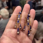 Vintage Art Deco Blue Enamel Gold Pearl Copper Dangler Earrings Bulk