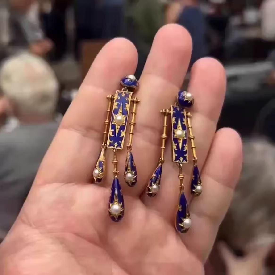 Vintage Art Deco Blue Enamel Gold Pearl Copper Dangler Earrings Bulk
