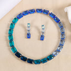 Blue White Rectangular Cut Silver CZ Copper Necklace Earring Set Bulk