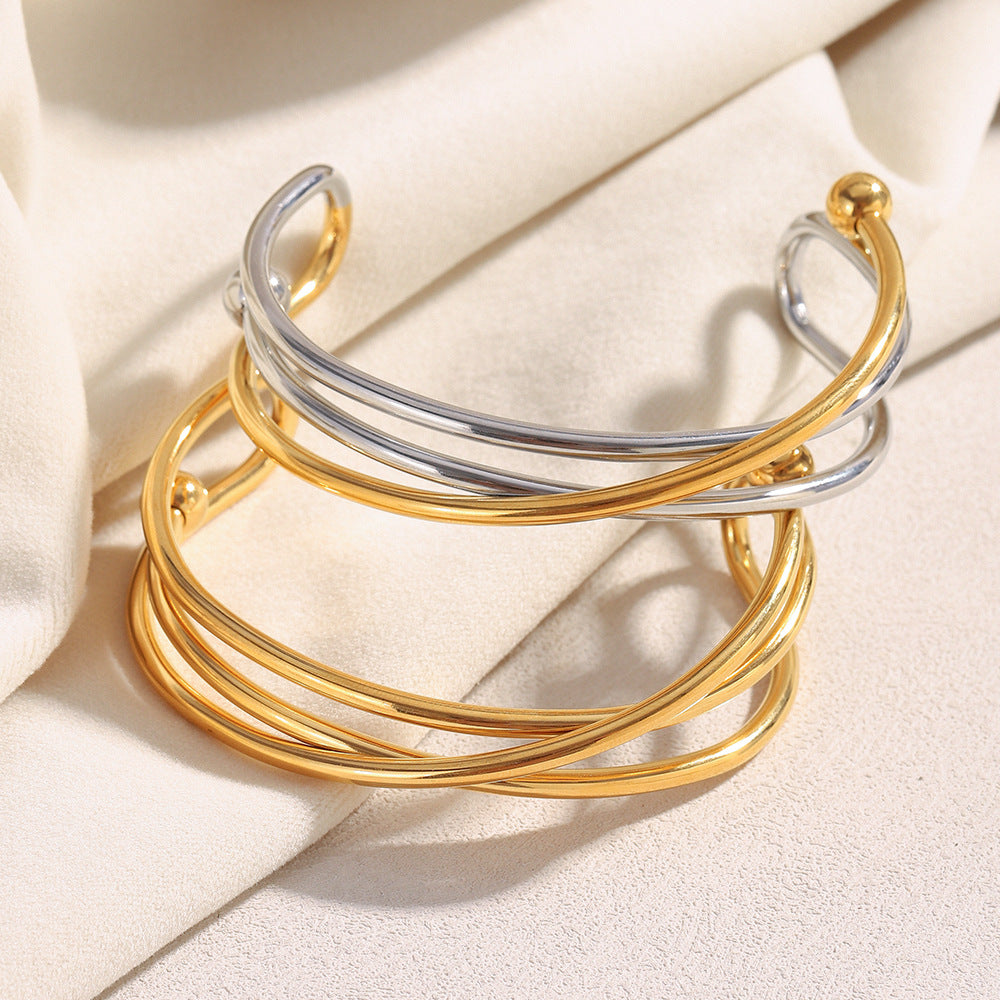 Dual Cross 18K Gold Stainless Steel Anti Tarnish Silver Openable Cuff Kada For Women