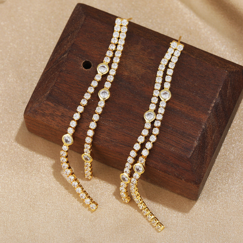Luxury Double Line Tassel Gold CZ Stainless Steel Drop Earrings Bulk Main image