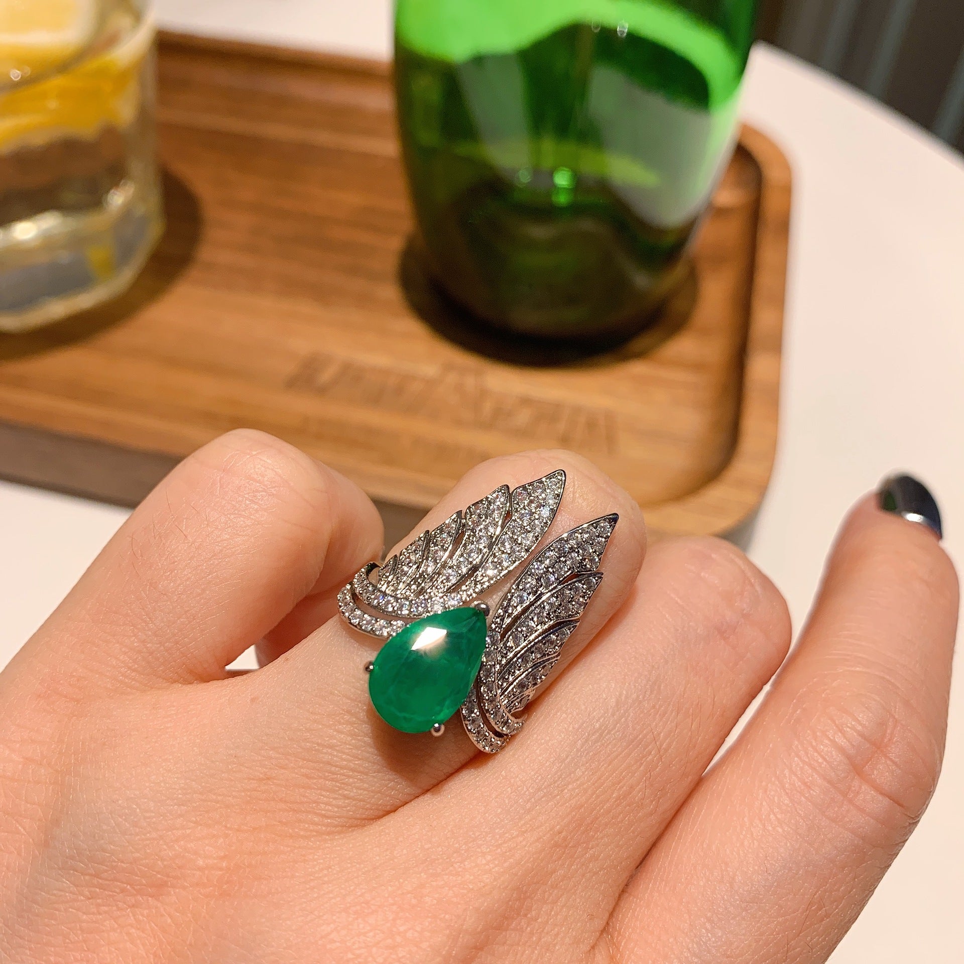 Feather Green Silver Anti Tarnish Free Size Ring For Women Bulk Main image