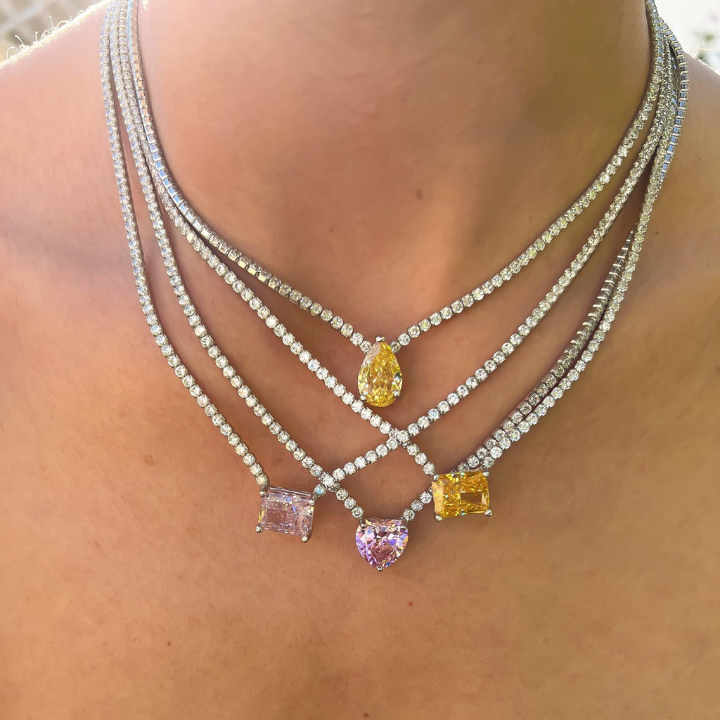 Rectangle Solitaire Silver Yellow Pink Cubic Zirconia Crystal Stainless Steel Anti Tarnish Necklace Chain For Women