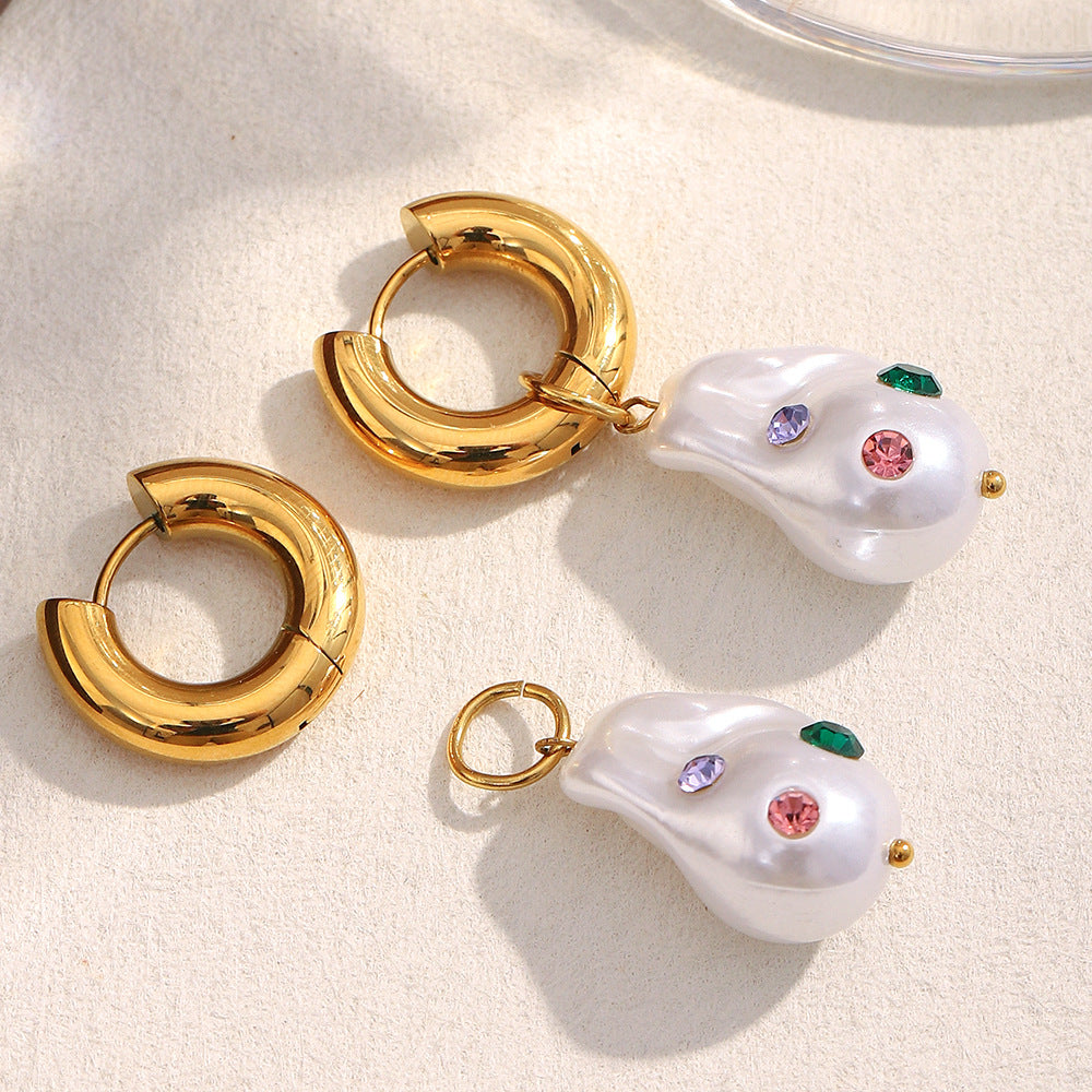 Pearl Multi Gemstone 18K Gold White Stainless Steel Anti Tarnish Hoop Dangler Earring For Women Secondary image