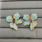 Floral Gold Turquoise Purple CZ Copper Stud Earrings & Ring Set Bulk