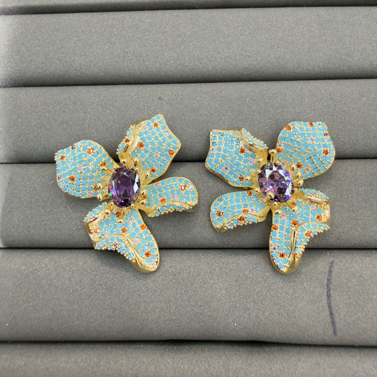 Floral Gold Turquoise Purple CZ Copper Stud Earrings & Ring Set Bulk