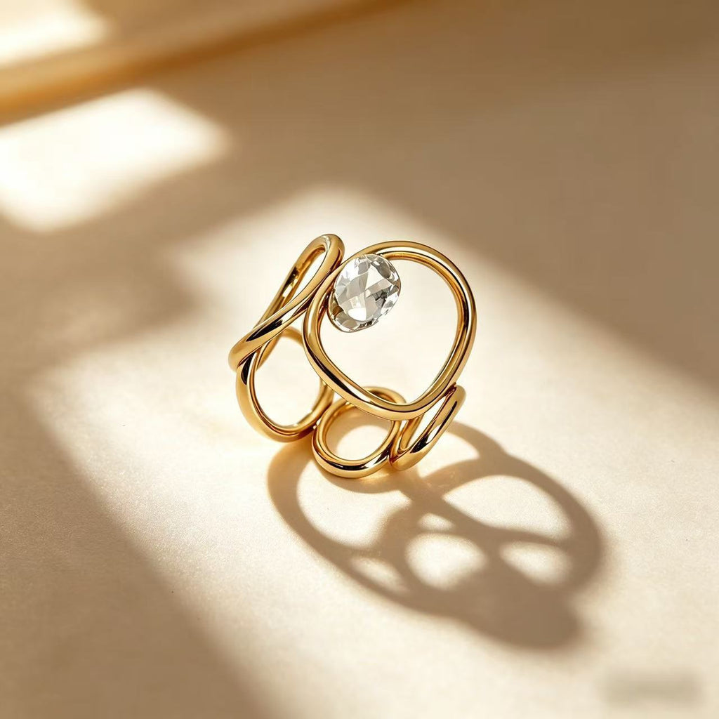 Gold Silver Geometric Loop Cubic Zirconia CopperAdjustable Ring Women Bulk
