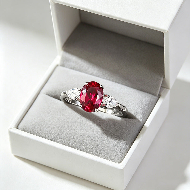 Luxury Oval Ruby Red Silver Plated CZ Solitaire Ring For Women Bulk