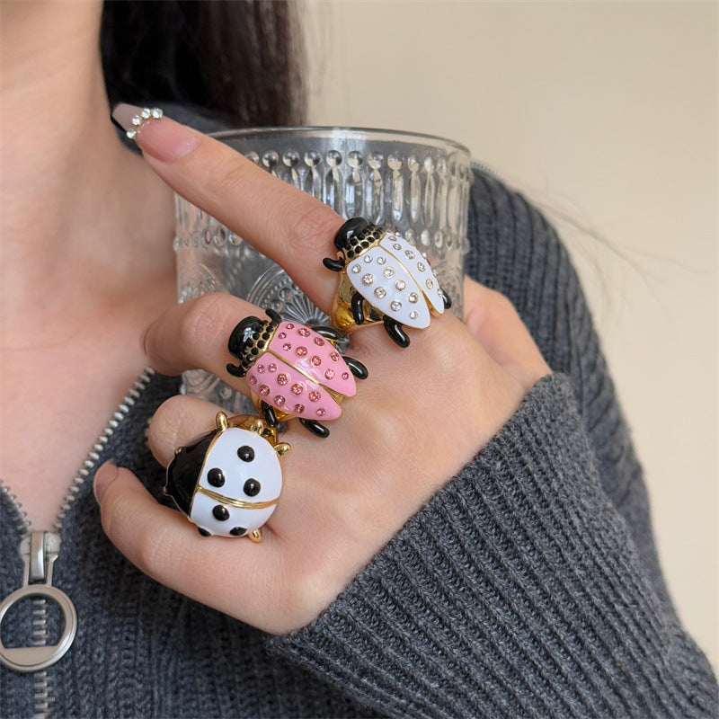 Beetle Black Pink Enamel Crystal Free Size Ring For Women Bulk