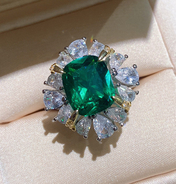 Cushion Drop Green Solitaire Silver Anti Tarnish Free Size Ring Bulk
