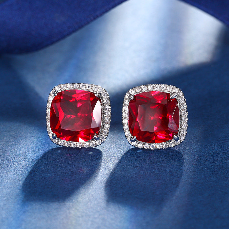 Square Silver Red Green Blue CZ Anti Tarnish Stud Earring Bulk