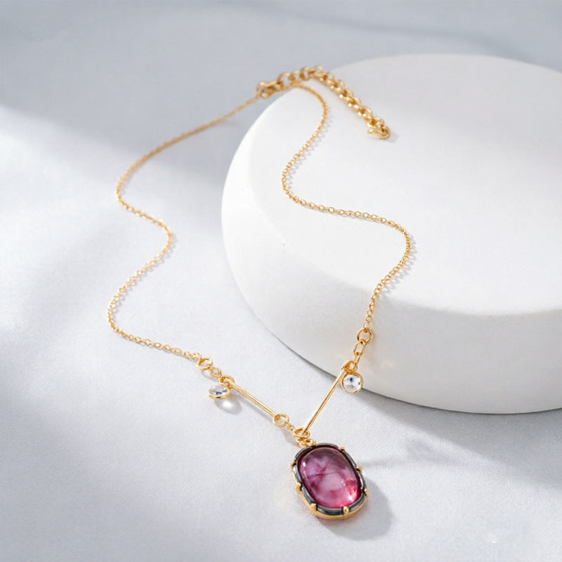 Double Layer Pink Brown Gemstone Geometric Gold Rhinestone Necklace Bulk