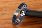 Layer Black Brown Blue Silver Leather Stainless Steel Bracelet Bulk